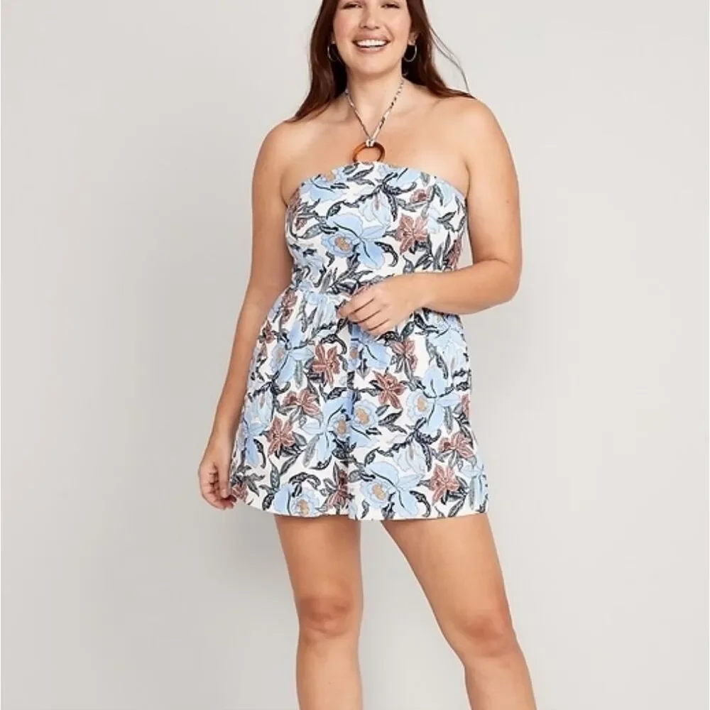 Old Navy Blue Floral Linen Blend O-Ring Halter Romper Size Medium
